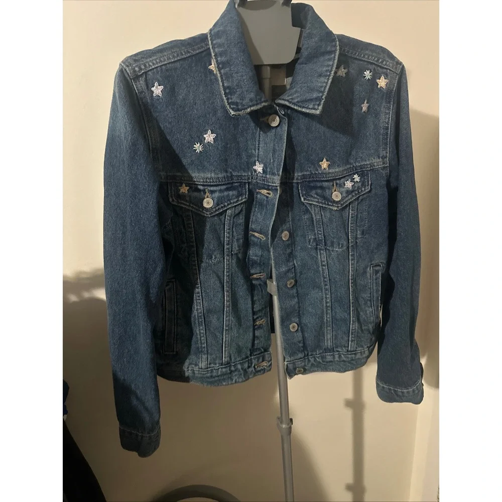 Lucky Brand Denim Jacket Embellished Star Applique Blue Jean Womens size large - Picture 2 of 12